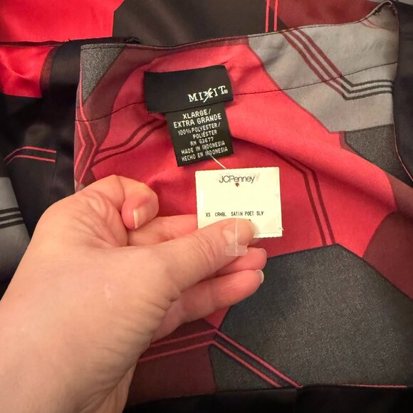 Womens Size XL Satin Dress Geometric Print Poet Sleeves Button Detail Mixit Mod - Picture 5 of 10